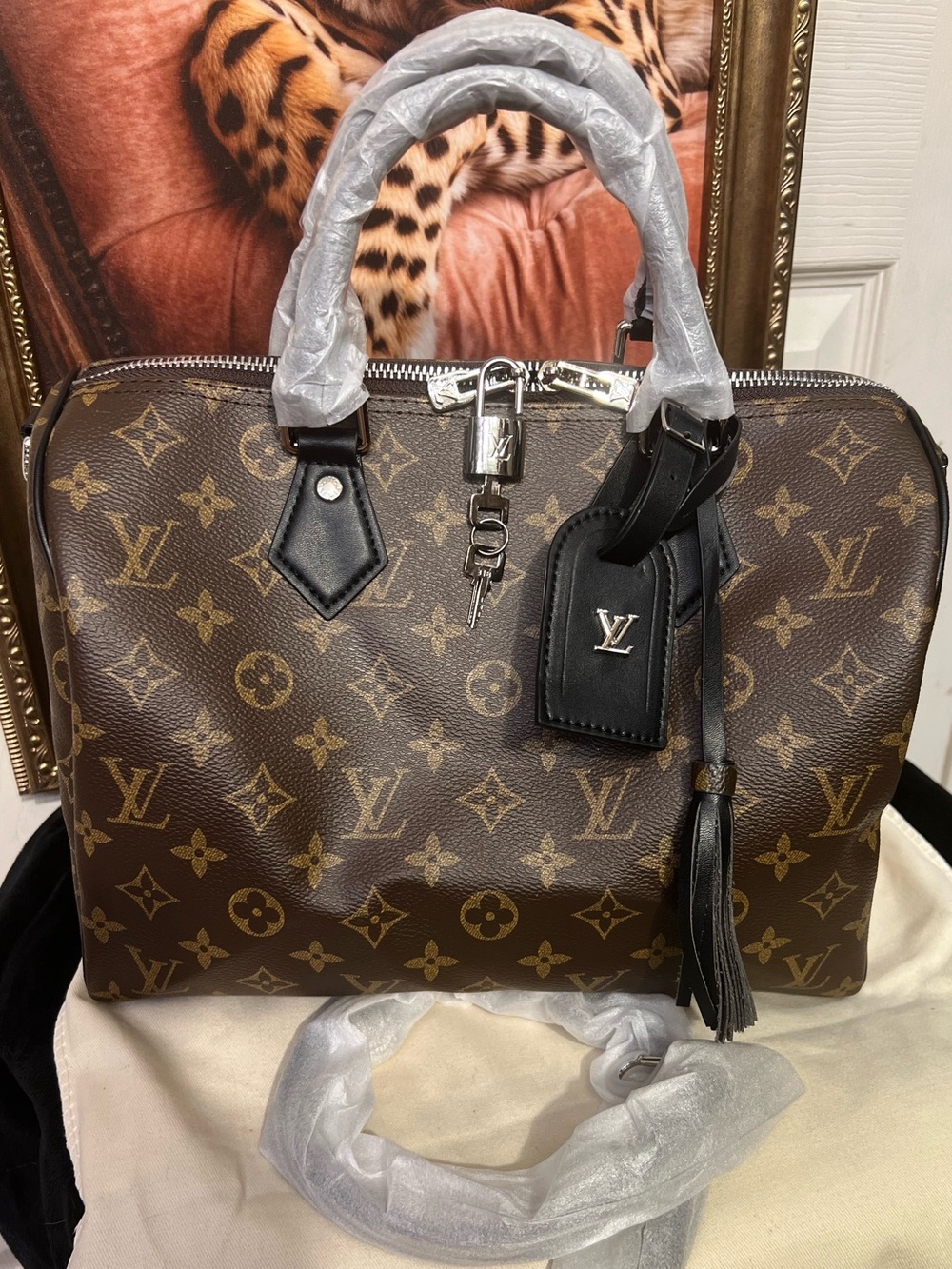 Elegant Fashion Brown Monogram Satchel with Black Trim and Tassel-NWOT